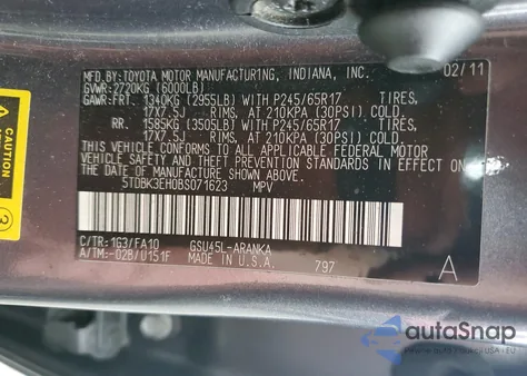 2011 Toyota Highlander Base z USA, uszkodzony, nr VIN 5TDBK3EH0BS071623